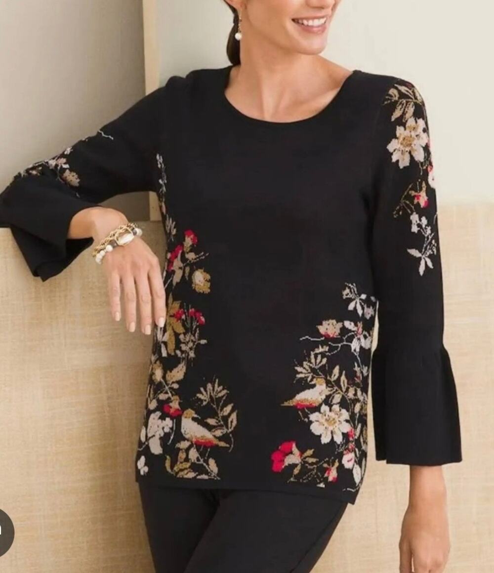 Chico’s Pullover Knit Sweater Floral Sz XXL Bell Sleeves Black Red Gold Metallic